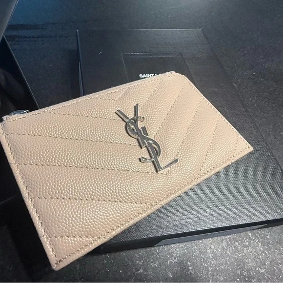 Saint Laurent Zip Card Holder in grain de poudre leather, (pink/silver) - Picture 1 of 15